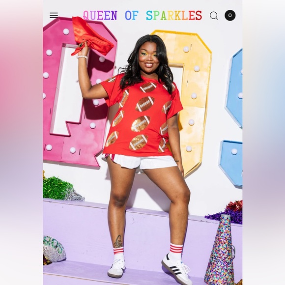 Queen of Sparkles Red & Gold Rhinestone Lace Football Tee, size large - Picture 2 of 4